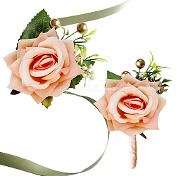 Craspire 2 piezas 2 estilo tela flor boutonniere broche, con muñequeras de tela de seda imitación rosas, para la fiesta de la boda, peachpuff, 102~764x10~85mm, 1pc / estilo