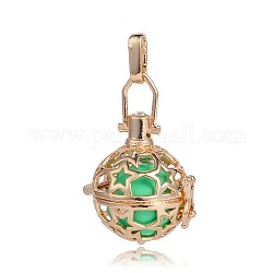 Golden Plated Brass Hollow Round Cage Pendants, with No Hole Spray Painted Brass Round Beads, Medium Spring Green, 35x25x21mm, Hole: 3X8mm