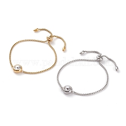 304 Stainless Steel Bolo Bracelets, Slider Bracelets, with Crystal Rhinestone and Box Chains, Flat Round, Golden & Stainless Steel Color, Inner Diameter: 1/2~3 inch(1.2~7.5cm)