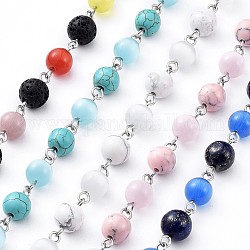 Chaînes de perles mélangées naturelles et synthétiques faites à la main, non soudée, avec perles oeil de chat et 304 épingle à œil en acier inoxydable, ronde, couleur inoxydable, 15x8mm, 39.37 pouce (1 m)/fil