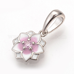 Brass Enamel Charms, with Pave Cubic Zirconia, Flower, Platinum, 15x12x3mm, Hole: 4.5~8mm