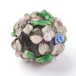 Perles vernissées manuelles, Rondelle avec des fleurs, cahoteuse, linge, 14~15x12~13mm, Trou: 1.5~1.8mm