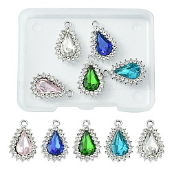 5Pcs 5 Colors Alloy Glass Pendants, with Crystal Rhinestone, Teardrop Charm, Platinum, Mixed Color, 22x14x5mm, Hole: 2mm, 1Pc/color
