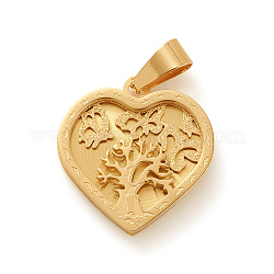 Colgantes de 304 acero inoxidable, textura, corazón con árbol y mariposa, dorado, 26x25x3mm, agujero: 5x9 mm