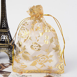 Rose gedruckt Organza Beutel, Geschenk-Taschen, Rechteck, dunkelgolden, 14~15x10 cm