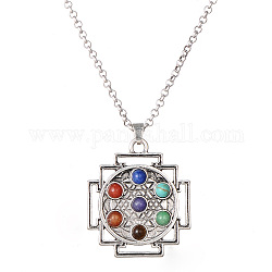 Natural & Synthetic Mixed Stone Beaded Pendant Necklace, Chakra Yoga Theme Alloy Jewelry for Women Men, 25.98 inch(66cm), Pendant: 36x31mm