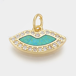 Ottone micro spianare fascino zirconi, con anelli di salto e resina, labbro, chiaro e blu evasore, oro, 8.5x15.5x2mm, Foro: 3 mm