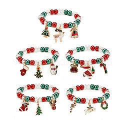 Bracciale elasticizzato con perle acriliche e ciondoli in lega smaltata, gioielli a tema natalizio per le donne, Modelli misti, diametro interno: 2-1/8 pollice (5.5 cm)