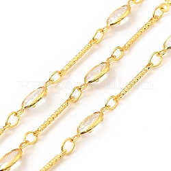 Brass Bar & Oval Link Chains, with Clear Cubic Zirconia, Lead Free & Cadmium Free, Soldered, with Spool, Real 18K Gold Plated, 12x1.5x1mm, 11.5x4.5x2mm