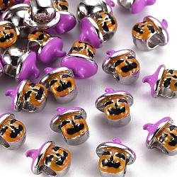 Perline europee smaltate in lega a tema autunnale, perline con foro grande,  cadmio& piombo libero, platino, zucca jack-o'-lantern, arancione, 12x11x8mm, Foro: 4 mm