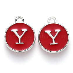 Platinum Plated Alloy Enamel Charms, Cadmium Free & Lead Free, Enamelled Sequins, Flat Round with Letter, Letter.Y, 14x12x2mm, Hole: 1.5mm