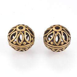 Brass Beads, Hollow, Round with Flower, Brushed Antique Bronze, 16mm, Hole: 3mm