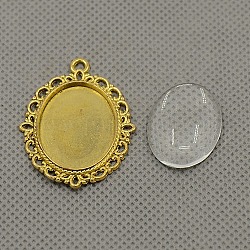 Alloy Pendant Blank Setting with Glass Cabochon, For Picture Pendant Making, Oval, Cadmium Free & Lead Free, Antique Golden, 40x28x2mm, Hole: 2mm, Glass: 18x25x5.4mm