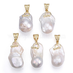 Colgantes de perlas keshi de perlas barrocas naturales, Dijes de pepitas de latón con cierres a presión., sin plomo y níquel y cadmio, Plateado de larga duración, real 18k chapado en oro, 31.5~40x16~21x14~17.5mm, agujero: 8x5 mm