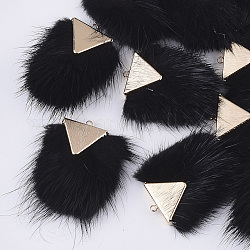 Décorations pendantes de pompon en fausse fourrure de vison, avec les accessoires en laiton, or clair, noir, 40~42x20~30x5.5~7mm, Trou: 2mm