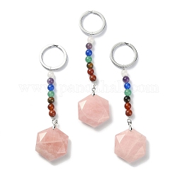 Porte-clés pendentif hexagone en quartz rose naturel, avec 7 perles de pierres précieuses chakra et des accessoires en laiton ton platine, 11.4 cm
