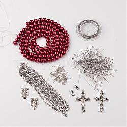 DIY Jewelry Material Packages, Including Tibetan Style Alloy Pendants, Glass Pearl Beads, Stainless Steel Findings, Chain and Tiger Tail, Dark Red, 8x1mm