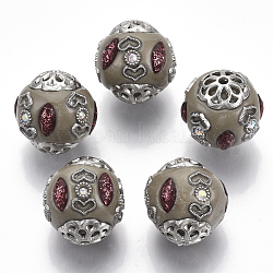 Perline  indonesia fatto a mano, con accessori metallico, tondo, colore argento placcato, kaki scuro, 20x18~19mm, Foro: 1.8 mm