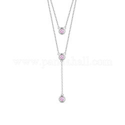 SHEGRACE Rhodium Plated 925 Sterling Silver Two-Tiered Necklaces, with Three Round Pink AAA Cubic Zirconia Pendant, Platinum, 14.96 inch~16.54 inch(38~42cm)