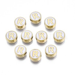 Legierung Emaille-Perlen, cadmiumfrei und bleifrei, Licht Gold, flach rund mit Alphabet, weiß, Buchstabe r, 8x4 mm, Bohrung: 1.5 mm