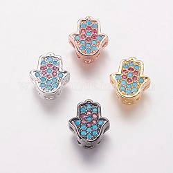Perles de cubes zircone en laiton , hamsa main / main de fatima / main de miriam, colorées, couleur mixte, 9.5x8.5x4mm, Trou: 2mm