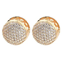 Brass Hoop Earrings with Cubic Zirconia, Flat Round, Light Gold, 16x14mm