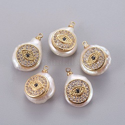 Natural Cultured Freshwater Pearl Pendants, with Brass Micro Pave Cubic Zirconia Cabochons, Nuggets with Eye, Golden, 14~28x12~22x5~12mm, Hole: 1.2mm