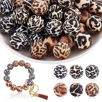 Wholesale 60 Pcs 15mm Silicone Beads Loose Silicone Beads Kit Leopard Print Silicone  Beads for Keychain Making Bracelet Necklace 