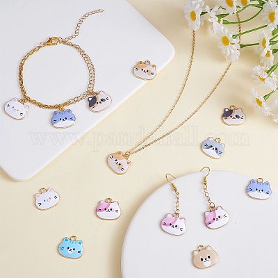 24pcs 8 Styles Alloy Enamel Pendant Cute Print Cat Head Pendant DIY Necklace Bracelet Pendant Earring Accessories, Mixed Color