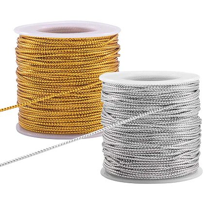 PandaHall Elite about 100m 2mm Metallic Cord Braided Metallic Beading Cords Metallic Tinsel Cord Tinsel String for Gift Wrap Ribbon Craft Making MCOR-PH0001-01-1