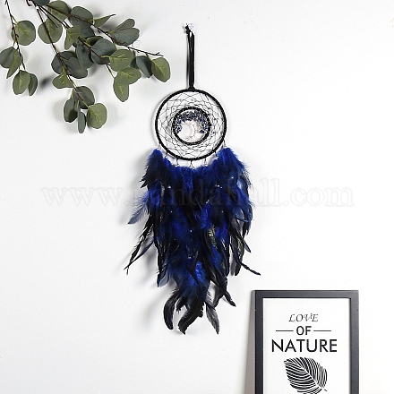 Iron & Natural Lapis Lazuli Woven Web/Net with Feather Pendant Decorations PW-WG59818-01-1