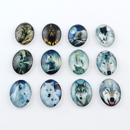 Wolf Pattern Glass Oval Flatback Cabochons for DIY Projects X-GGLA-R022-25x18-51-1