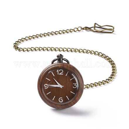 真鍮製のカーブチェーンとクリップが付いた黒檀の懐中時計  男性用フラットラウンド電子時計  ココナッツブラウン  16-3/8~17-1/8インチ（41.7~43.5cm） WACH-D017-A01-04AB-1