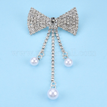 Bowknot de rhinestone de cristal con pasador de solapa de perla de plástico JEWB-T002-09S-1