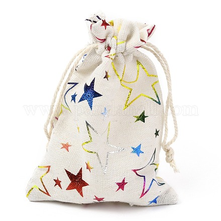 クリスマステーマの綿生地布バッグ  巾着袋  クリスマスパーティースナックギフトオーナメント用  星の模様  14x10cm X-ABAG-H104-B14-1