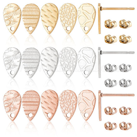 CREATCABIN 30Pcs Teardrop Stud Earring Findings 15 Styles Textured Earring Posts Stud Earrings Comp1nts Earring with Loop Stainless Steel for DIY Earring Jewelry Making 6x10mm(Silver/Gold/Rose Gold) STAS-CN0001-15-1