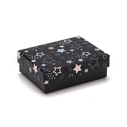 厚紙アクセサリー箱  黒のスポンジマット付き  ジュエリーギフトパッケージ用  スター模様の長方形  ブラック  9.3x7.3x3.25cm CON-D012-04E-01-1