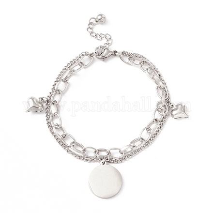 304 Stainless Steel Chain Multi-strand Bracelet with Flat Round & Heart Charms for Women STAS-P304-31P-1