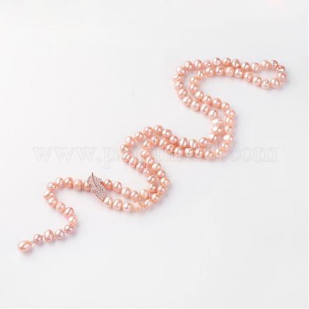 Natural Pearl Beaded Necklaces with Cubic Zirconia Clasps NJEW-R249-04-1