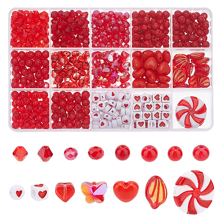 PH PandaHall 627pcs Red Beads 24 Styles Loose Beads Leaf Heart Beads Glass Acrylic Beads Cube Spacer Beads for Valentine's Christmas Mother’s Day Bracelet Necklace Earring Keychain Jewelry Making DIY-HY0001-25-1