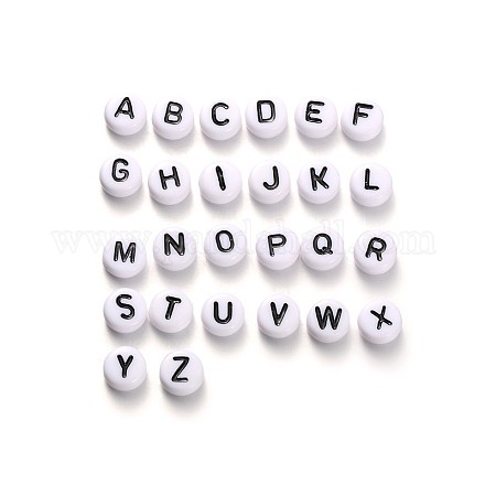 横穴アルファベットアクリルビーズ  フラットラウンド  a～zの文字  7x4mm  穴：1mm MACR-X0007-1