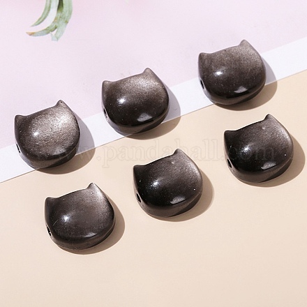 天然銀黒曜石ビーズ  猫の頭の形  9x14mm PW-WG16745-02-1