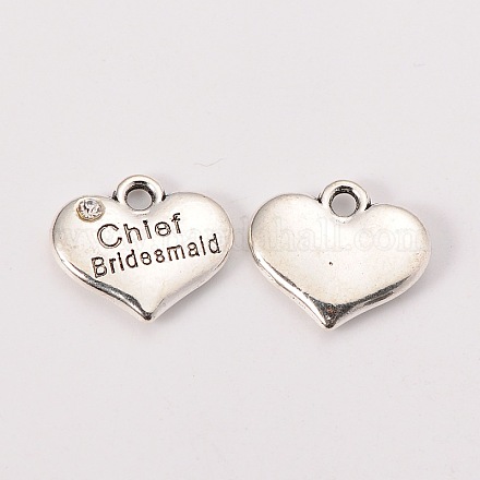 Wedding Theme Antique Silver Tone Tibetan Style Alloy Heart with Chief Bridesmaid Rhinestone Charms X-TIBEP-N005-21D-1