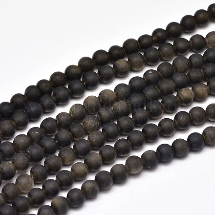 Frosted Natural Golden Sheen Obsidian Round Bead Strands G-F266-04-4mm-1