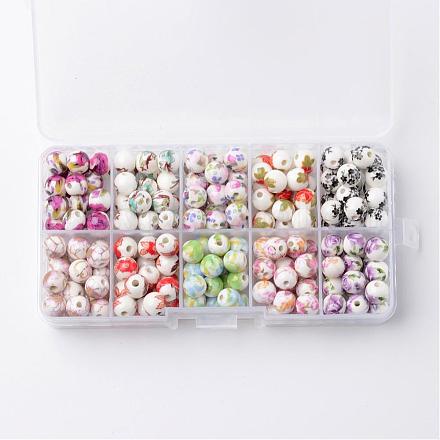 1 boîte de dix couleurs à la main imprimé perles de porcelaine PORC-X0003-01-1
