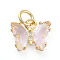 Brass Micro Pave Clear Cubic Zirconia Pendant, with Glass, Butterfly, Golden, Pink, 11x9.5x3mm, Hole: 3.5mm