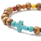 Bracelet extensible en perles de bois naturel et croix turquoise synthétique (teinte) pour femmes BJEW-JB09150-3