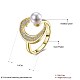 トレンディーな女性の真鍮の指の指輪  ラインストーン＆イミタチオンパール  ラウンド＆ムーン  ゴールドカラー  サイズ8  18.1mm RJEW-BB27532-6