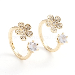 Latón ajustable micro pavimento claro cubic zirconia manguito anillos, anillos abiertos, sin plomo y cadmio, flor, Plateado de larga duración, real 18k chapado en oro, nosotros tamaño 6 (16.5 mm)