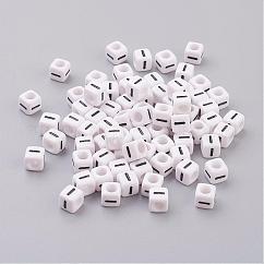 Cuentas de letras de acrílico de agujero horizontal, cubo, blanco, letra i, tamaño: aproximamente 6 mm de ancho, 6 mm de largo, 6 mm de altura, agujero: aproximamente 3.2 mm, aproximamente 2600 unidades / 500 g